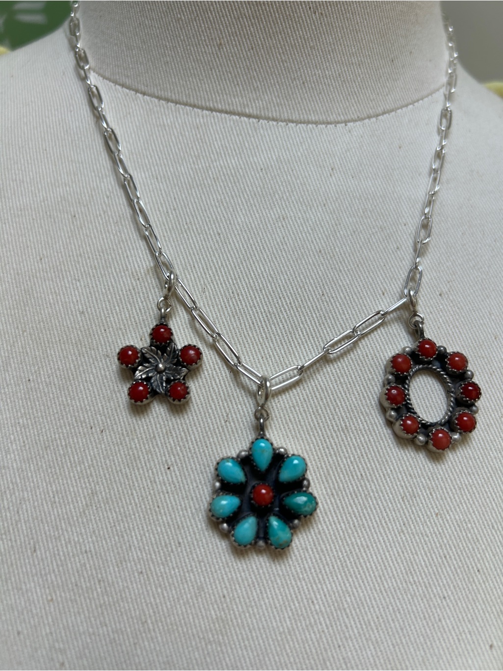 Turquoise Coral And Sterling Silver Necklace.